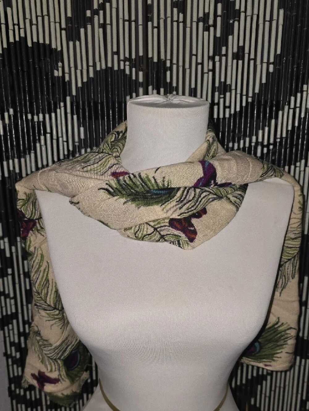 Cream Peacock Feather Print Scarf with Purple Butterfly Accents